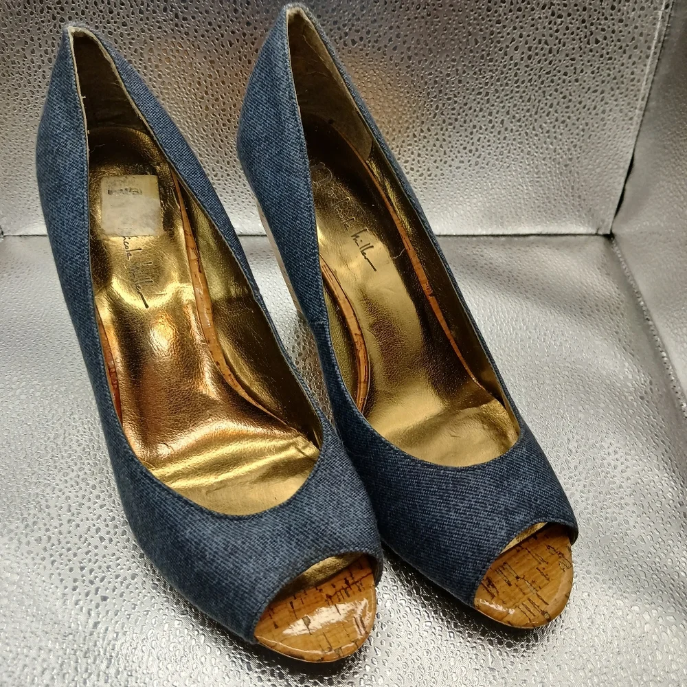 Nicole Miller Blue Denim Peep Toe Wedges Women's Size 10 - Picture 2 of 8